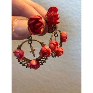 Vintage Red Rose Cross Hoop Earrings Gold Tone Screw Back Floral Drop Dangle